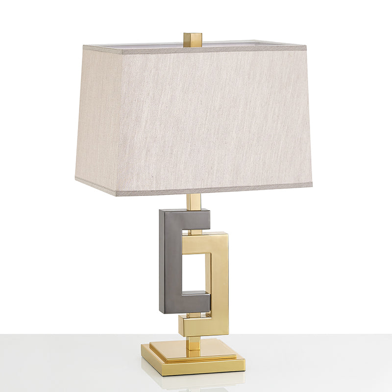 Modern Metallic Desk Lamp: Splicing Table Light With Grey & Gold Finish And Cuboid White Fabric