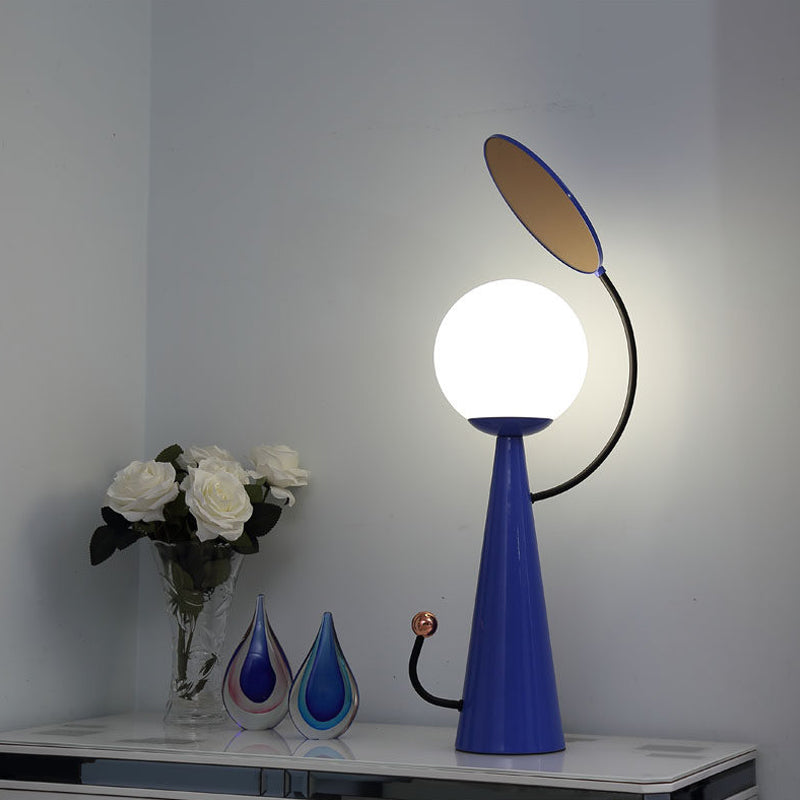 Contemporary Blue Finish Conical Night Table Light With White Glass Shade And Mirror Deco - 1 Bulb