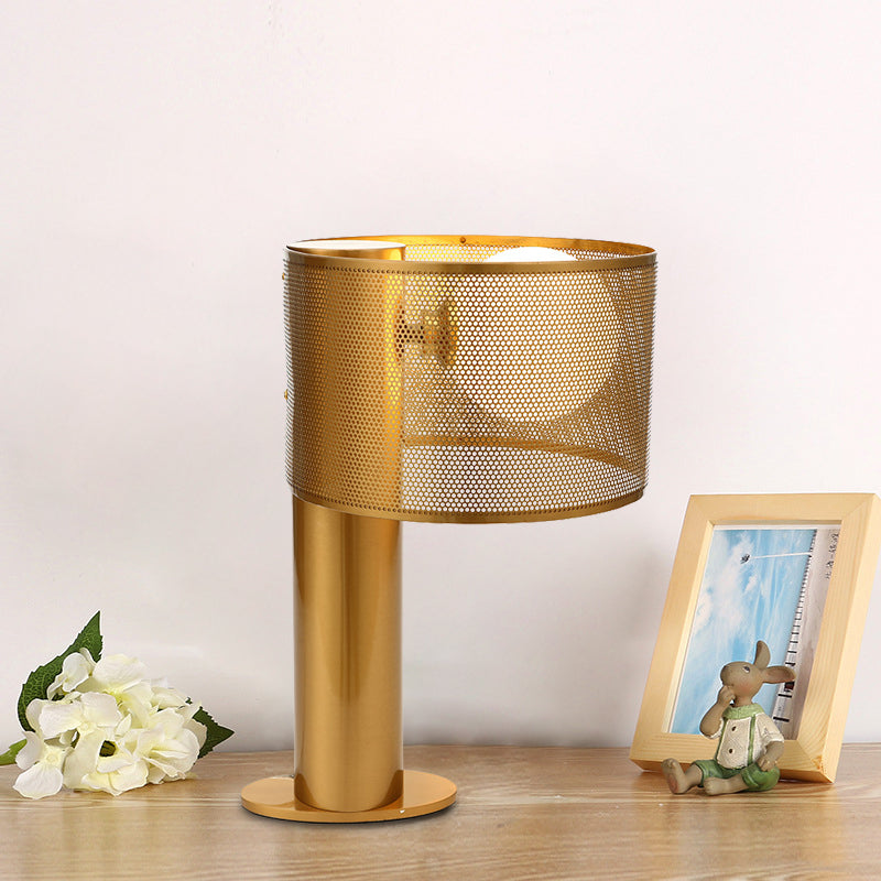 Gold Metal Drum Mesh Night Table Lamp With Opal Glass Shade