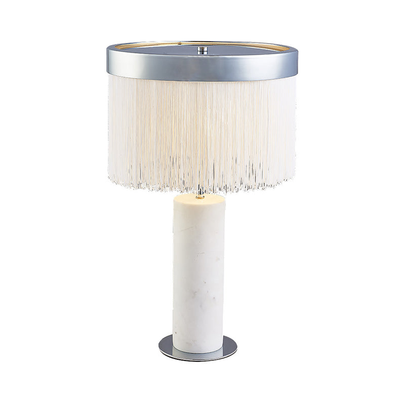 Contemporary Stone Tube Desk Lamp: White Night Table Light With Tassel Deco