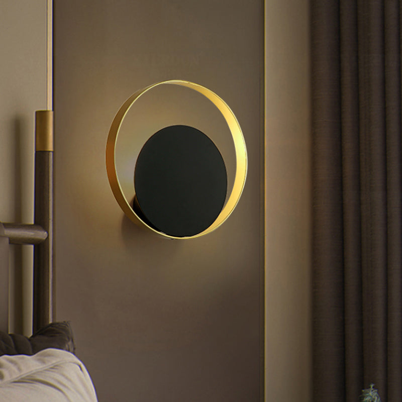 Modernist 1-Head Black And Gold Led Wall Lamp - Metallic Round Sconce Light Fixture For Corner