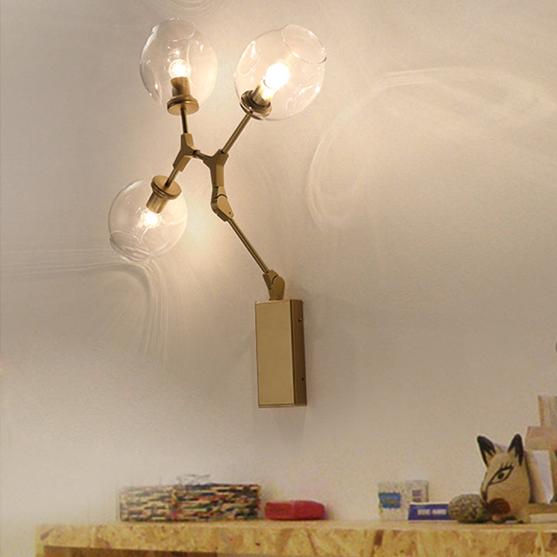 Gold Metal Branch Sconce Light Fixture - Modern Wall Lamp With 3 Bulbs And Clear Glass Shades