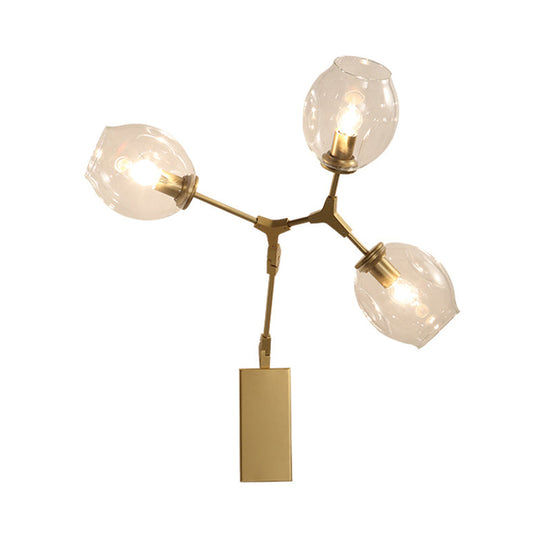 Gold Metal Branch Sconce Light Fixture - Modern Wall Lamp With 3 Bulbs And Clear Glass Shades