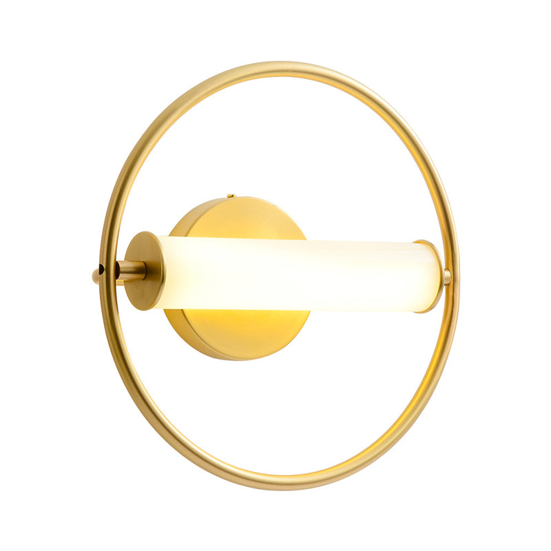 Modern Metallic Led Wall Sconce Lamp With Opal Glass Shade - Ring Bedside Fixture In Brass