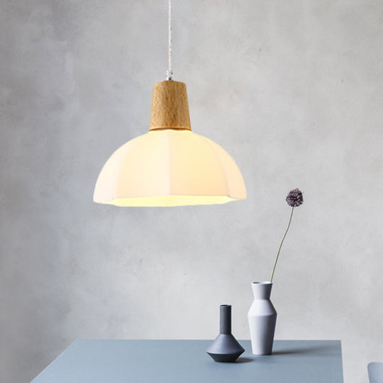 White Frosted Glass Umbrella Pendant Light with Wood Cap - Modernist Beige Hanging Ceiling Lamp