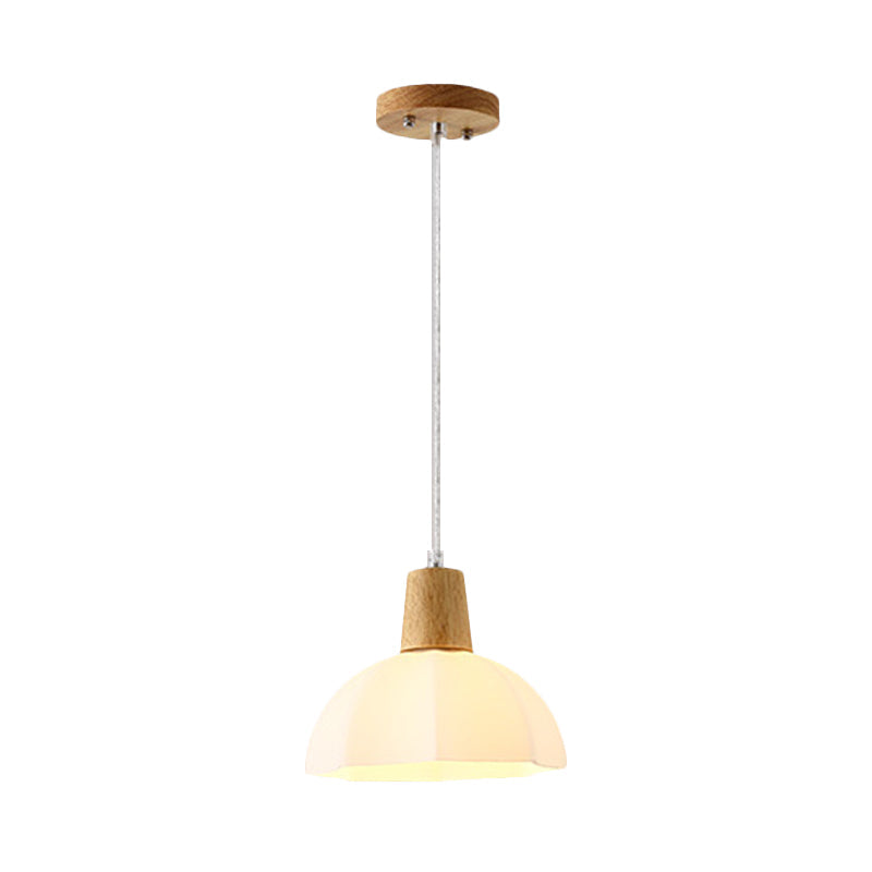 White Frosted Glass Umbrella Pendant Light with Wood Cap - Modernist Beige Hanging Ceiling Lamp