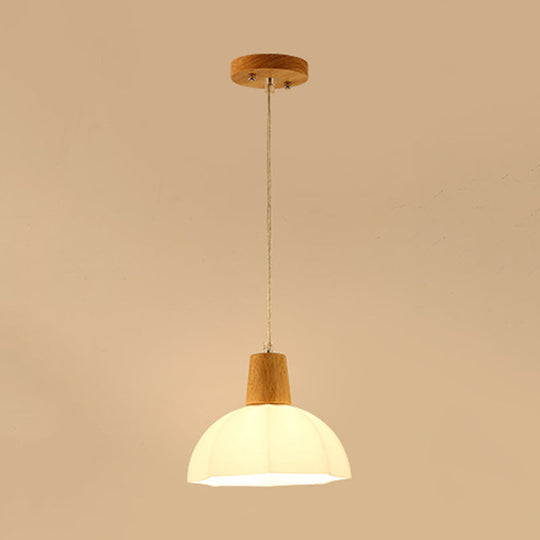 White Frosted Glass Umbrella Pendant Light with Wood Cap - Modernist Beige Hanging Ceiling Lamp