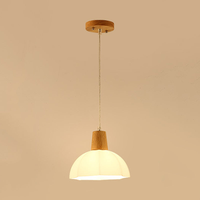 Modern White Frosted Glass Umbrella Pendant Light With Wood Cap