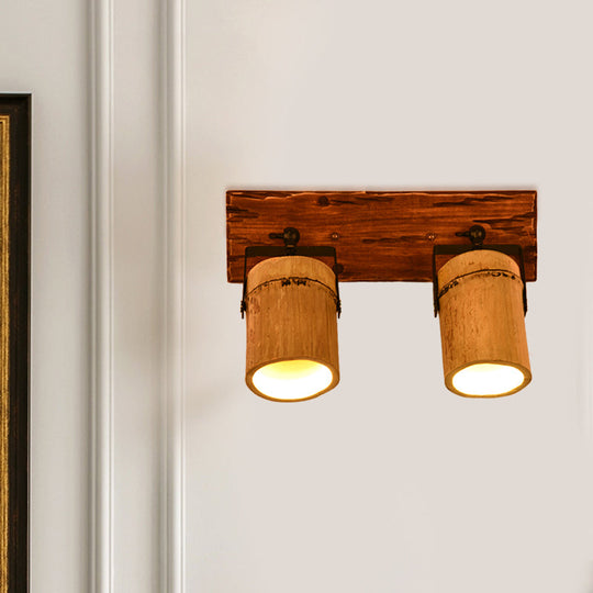 Rustic Bamboo Wall Sconce With Linear Wood Backplate 2 / Brown