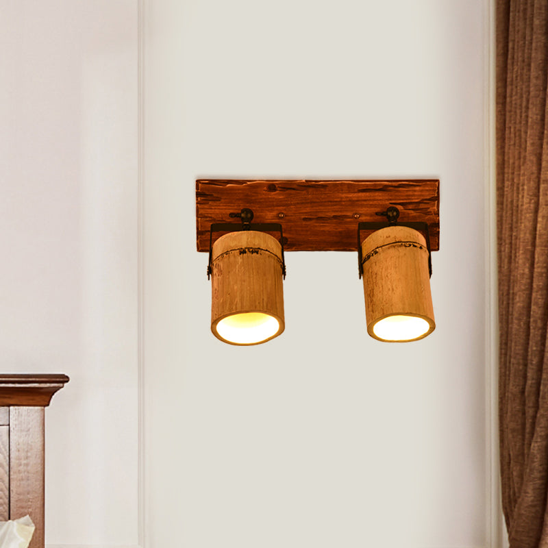 Rustic Bamboo Wall Sconce With Linear Wood Backplate