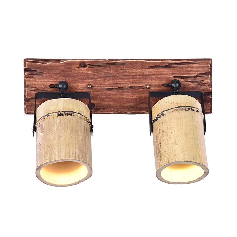 Rustic Bamboo Wall Sconce With Linear Wood Backplate