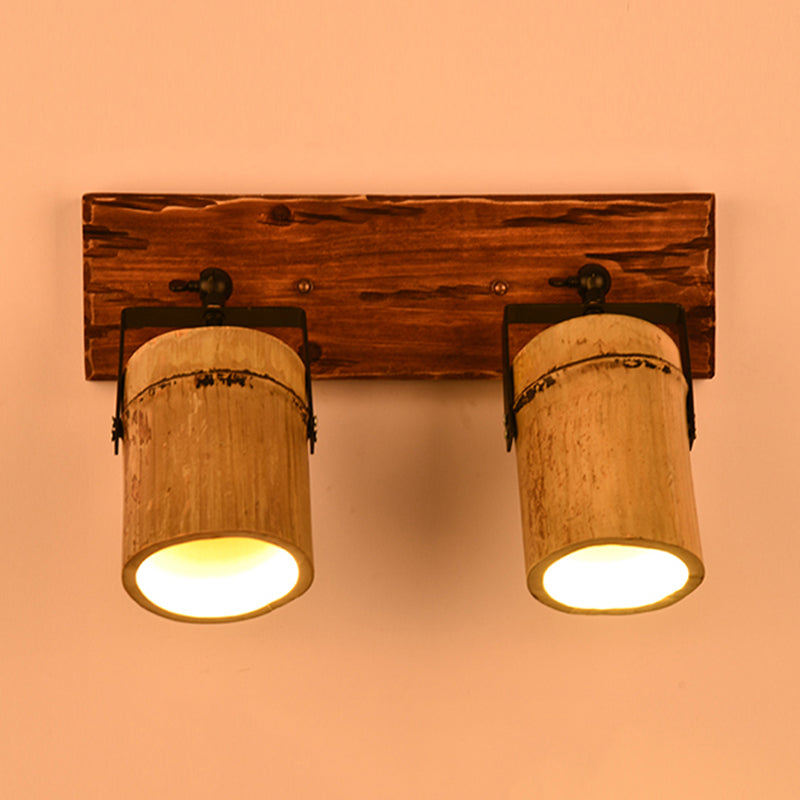 Rustic Bamboo Wall Sconce With Linear Wood Backplate