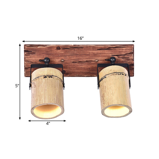 Rustic Bamboo Wall Sconce With Linear Wood Backplate