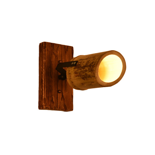 Rustic Bamboo Wall Sconce With Linear Wood Backplate