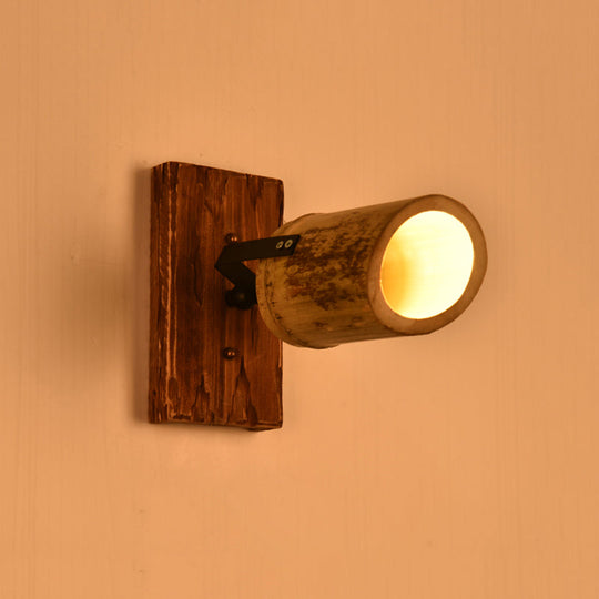 Rustic Bamboo Wall Sconce With Linear Wood Backplate