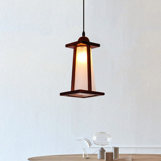 Vintage White Glass Pendant Light with Wood Frame - 1-Light Kitchen Suspension Lamp