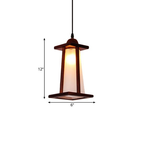 Vintage Glass Kitchen Pendant Light With Wood Frame - Brown Trapezoid Design