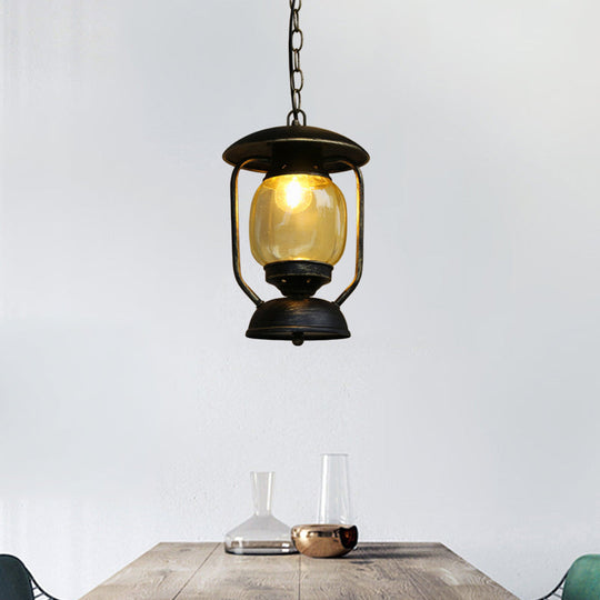 Coastal Brass/Bronze Metal Hanging Pendant Light with Yellow Glass - Kerosene Corridor Ceiling Lighting Fixture