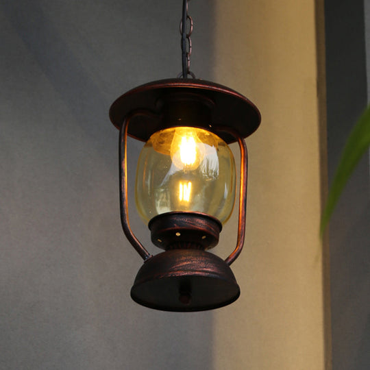 Coastal Brass/Bronze Kerosene Glass Pendant Light - Yellow 1-Light Metal Ceiling Fixture Copper