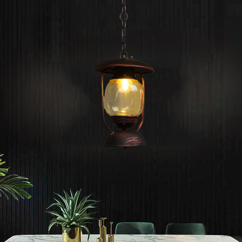 Coastal Brass/Bronze Metal Hanging Pendant Light with Yellow Glass - Kerosene Corridor Ceiling Lighting Fixture