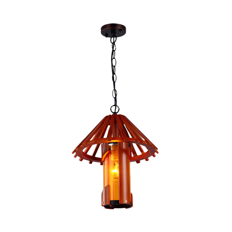 Bamboo Vintage Suspension Lamp With Cone Shade - Brown 1 Light Ceiling For Dining Room