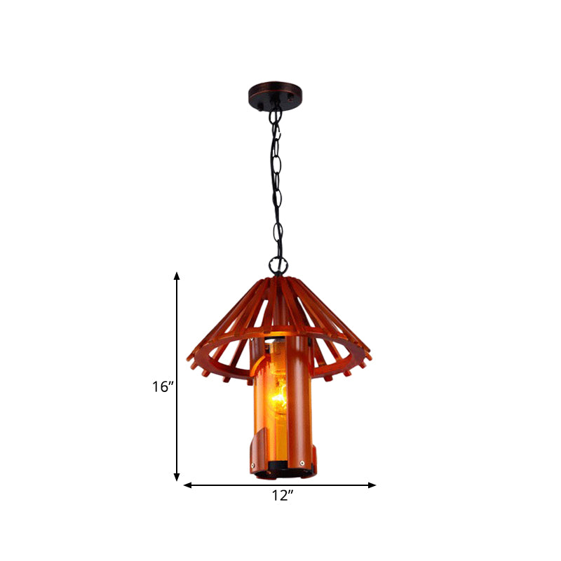 Bamboo Vintage Suspension Lamp With Cone Shade - Brown 1 Light Ceiling For Dining Room