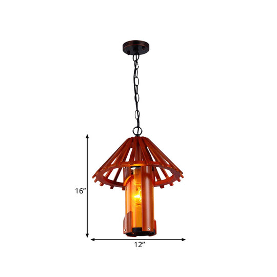 Bamboo Vintage Suspension Lamp With Cone Shade - Brown 1 Light Ceiling For Dining Room