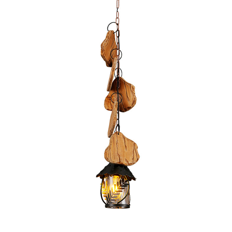 Modern Kerosene Dining Room Pendant Lamp – Factory White Fabric/Clear Glass – 1-Light Black Wood Down Lighting