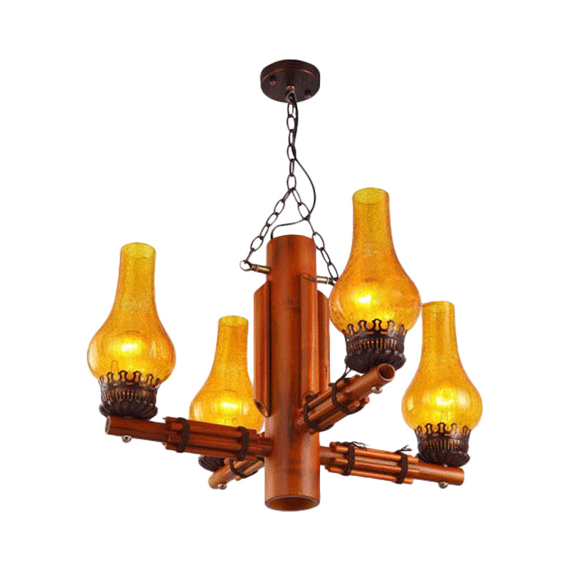 Sandra - Brown 4 Heads Chandelier Light Farmhouse Yellow Crackle Glass Vase Shade Ceiling Pendant