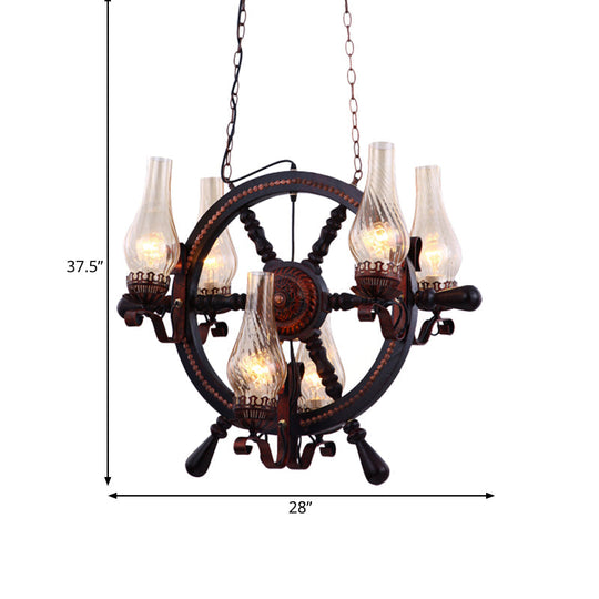 Lola - Clear Clear Water Glass Brown Chandelier Lamp Vase 6 Lights Warehouse Hanging Light Fixture with Wood Rudder Design