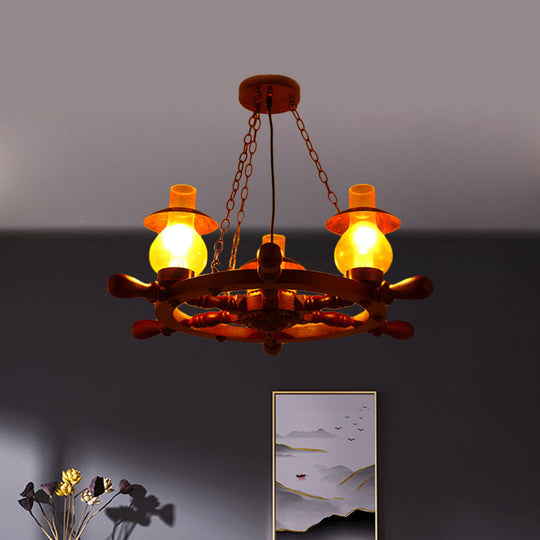 Raegan - Industrial 3 Heads Ceiling Chandelier Industrial Dining Room Wood Pendant Light with Vase Yellow Glass Shade