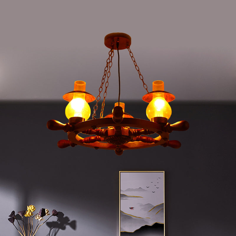 Raegan - Industrial 3 Heads Ceiling Chandelier Dining Room Wood Pendant Light With Vase Yellow Glass