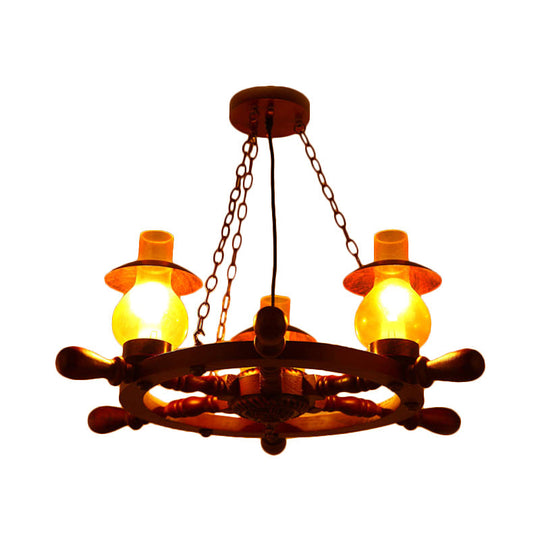 Raegan - Industrial 3 Heads Ceiling Chandelier Industrial Dining Room Wood Pendant Light with Vase Yellow Glass Shade