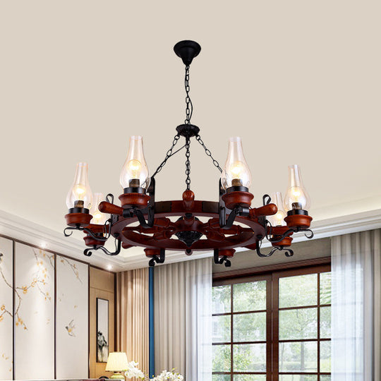 Alamak - 6/8-Light 6/8-Light Drop Pendant Factory Vase Clear Glass Chandelier Light Fixture with Wood Rudder in Brown