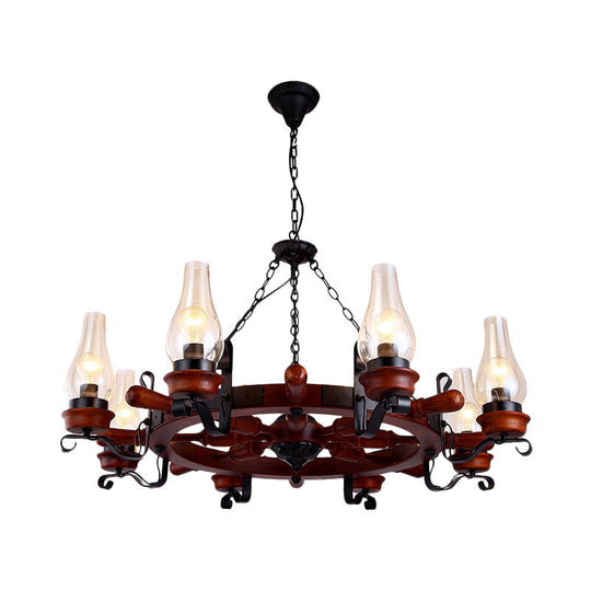 Alamak - 6/8-Light 6/8-Light Drop Pendant Factory Vase Clear Glass Chandelier Light Fixture with Wood Rudder in Brown