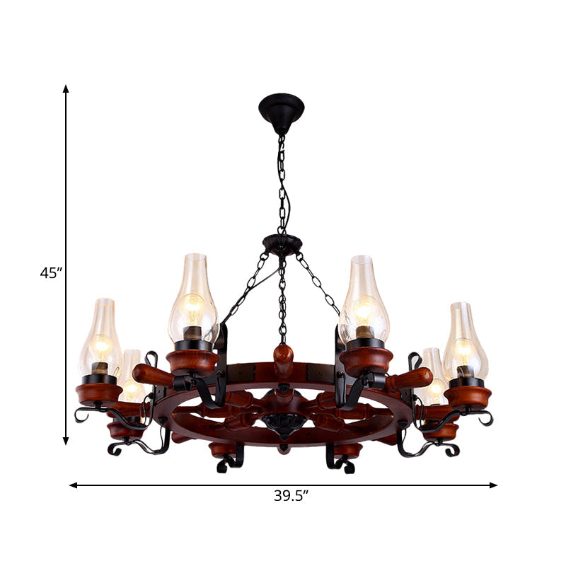 Alamak - 6/8-Light 6/8-Light Drop Pendant Factory Vase Clear Glass Chandelier Light Fixture with Wood Rudder in Brown