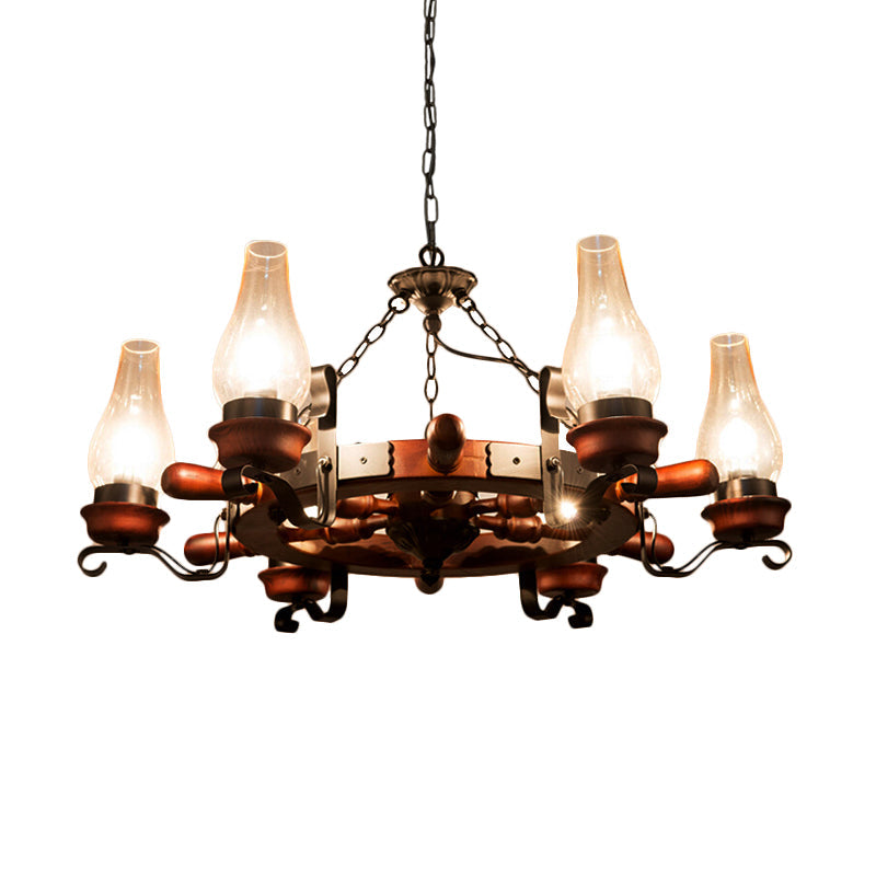 Alamak - 6/8-Light 6/8-Light Drop Pendant Factory Vase Clear Glass Chandelier Light Fixture with Wood Rudder in Brown