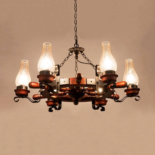 Alamak - 6/8-Light 6/8-Light Drop Pendant Factory Vase Clear Glass Chandelier Light Fixture with Wood Rudder in Brown