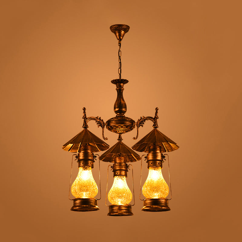 Mara - Bronze 3 Heads Pendant Chandelier Warehouse Yellow Crackle/White Glass Kerosene Hanging