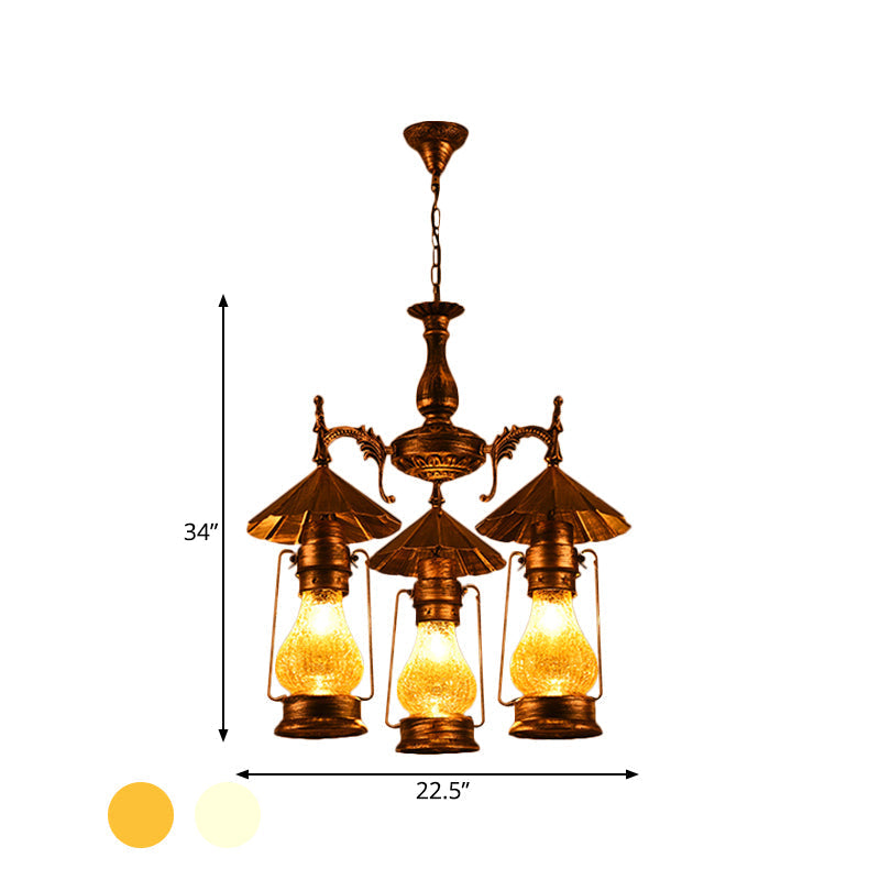 Mara - Bronze Bronze 3 Heads Pendant Chandelier Warehouse Yellow Crackle/White Glass Kerosene Hanging Ceiling Light for Restaurant