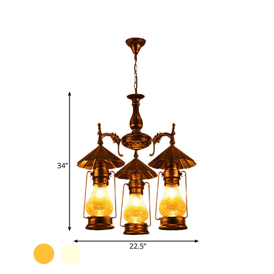 Mara - Bronze Bronze 3 Heads Pendant Chandelier Warehouse Yellow Crackle/White Glass Kerosene Hanging Ceiling Light for Restaurant