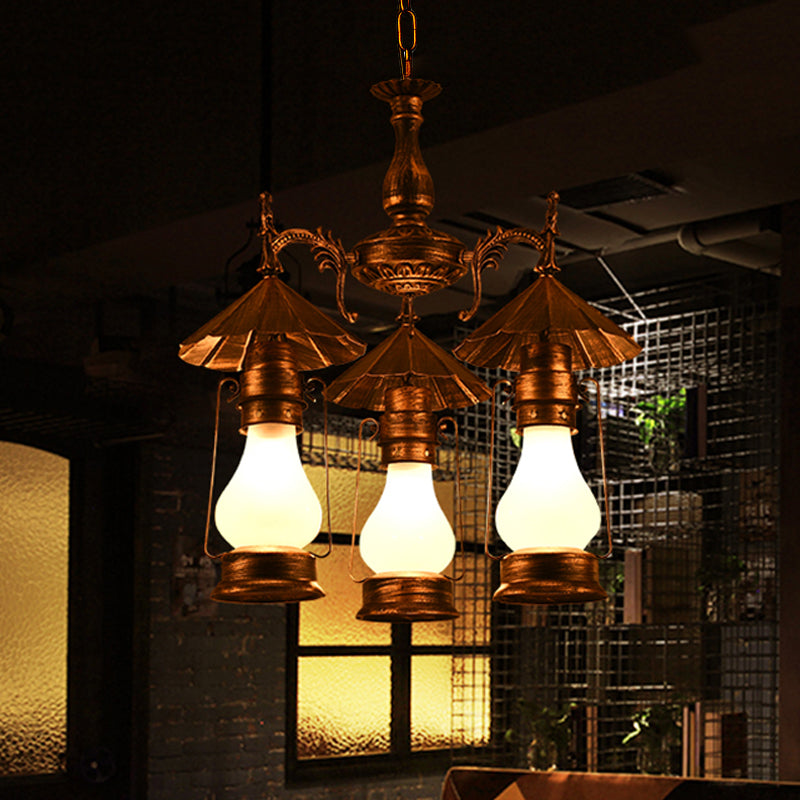 Mara - Bronze Bronze 3 Heads Pendant Chandelier Warehouse Yellow Crackle/White Glass Kerosene Hanging Ceiling Light for Restaurant