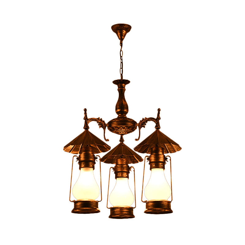 Mara - Bronze Bronze 3 Heads Pendant Chandelier Warehouse Yellow Crackle/White Glass Kerosene Hanging Ceiling Light for Restaurant