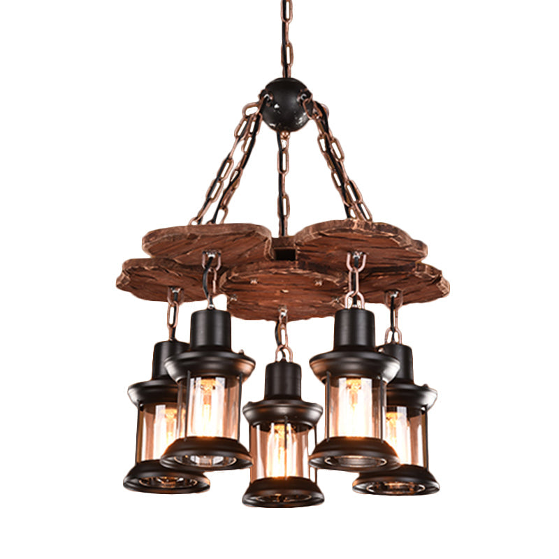 Silvia - Rustic 5 Lights Chandelier Light Fixture Farm Dining Room Wood Pendant with Lantern Clear Glass Shade in Black