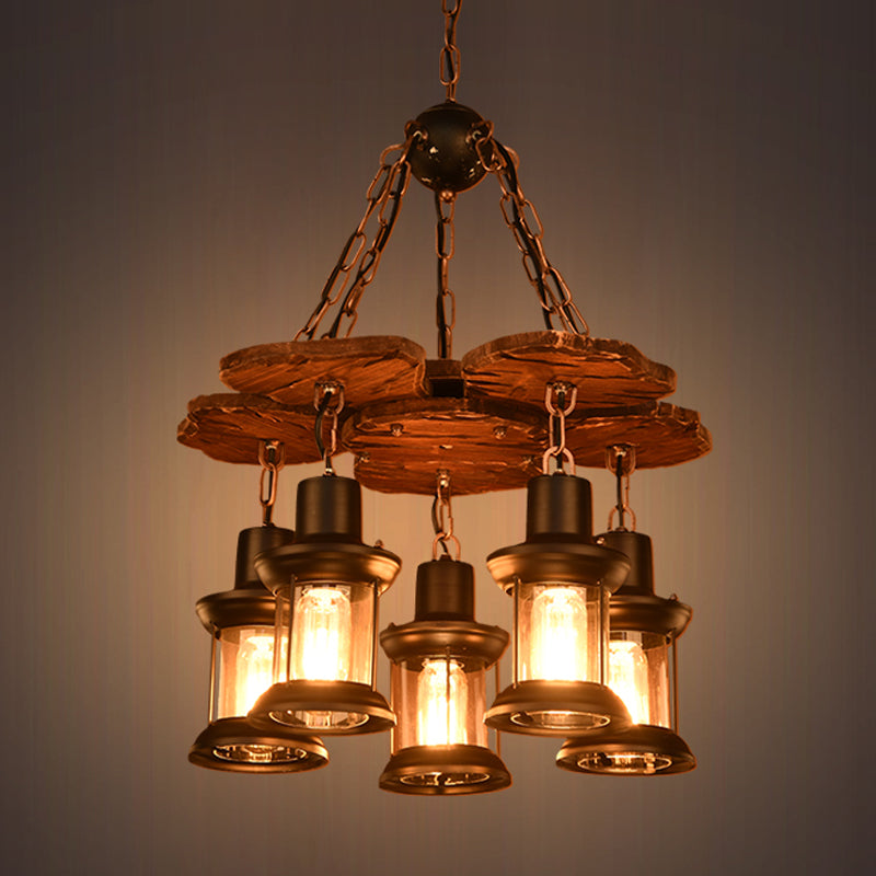 Silvia - Rustic 5 Lights Chandelier Light Fixture Farm Dining Room Wood Pendant with Lantern Clear Glass Shade in Black