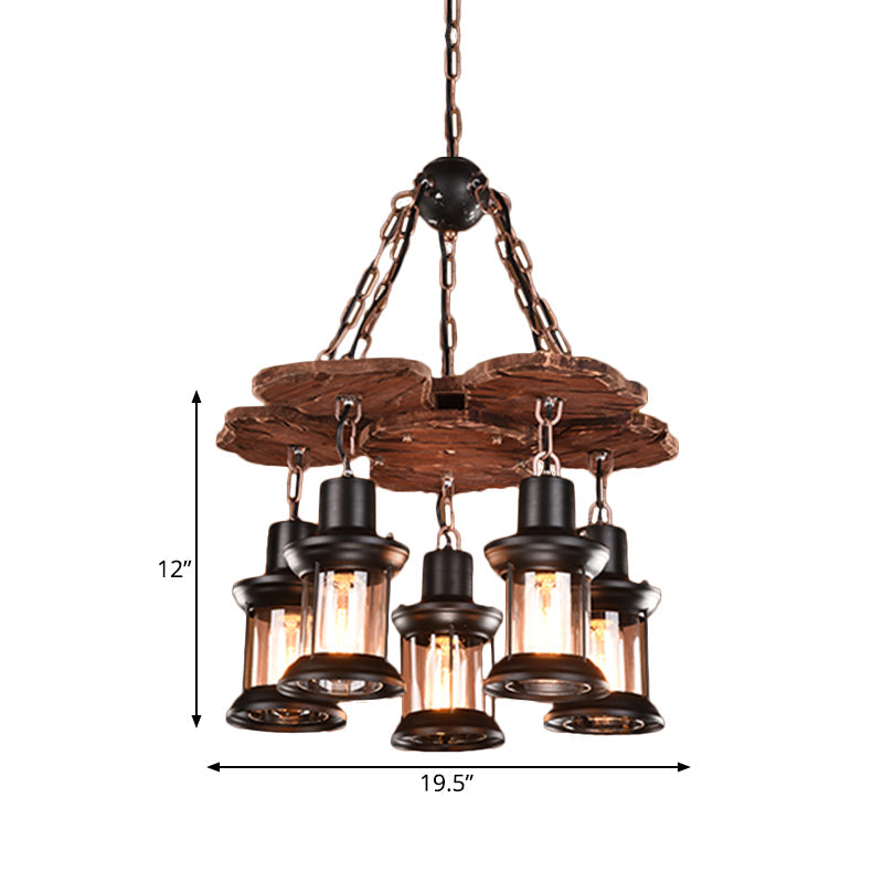 Silvia - Rustic 5 Lights Chandelier Light Fixture Farm Dining Room Wood Pendant with Lantern Clear Glass Shade in Black