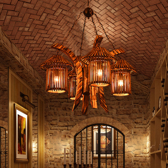 Bianca - Rustic Chandelier Light: 4-Lights Wood Lantern Pendant For Dining Room Brown