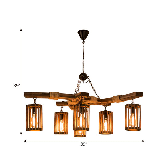 Tseen Kee - Vintage Wood Brown Chandelier - Cylinder Pendant Light  (3/6-Light)