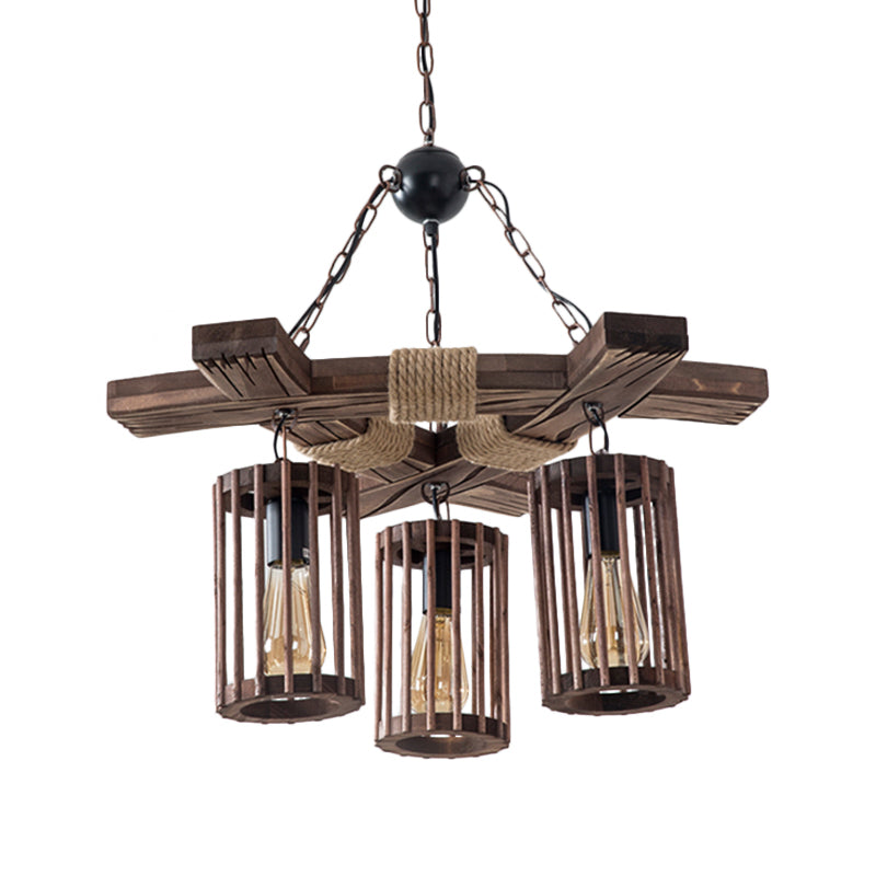 Tseen Kee - Vintage Wood Brown Chandelier - Cylinder Pendant Light  (3/6-Light)