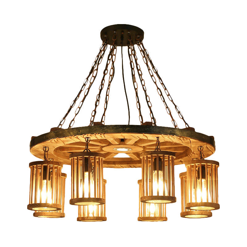 FranÃ§oise - Retro Retro Cylinder Chandelier Light Fixture 8-Bulb Wood Ceiling Pendant with Wheel for Living Room